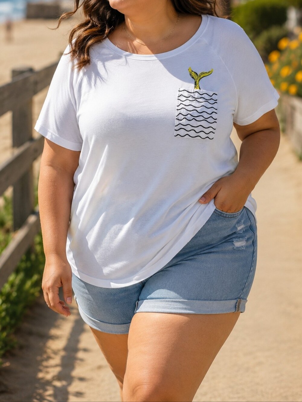 Noisy May White Whale Tail Pocket Tee | Short Sleeve High-Low Hem Casual Graphic